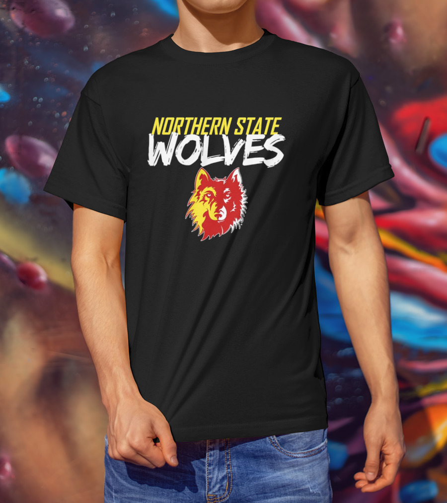 Northern State Wolves Yellow And Red Graffiti Wolf Face T-Shirt