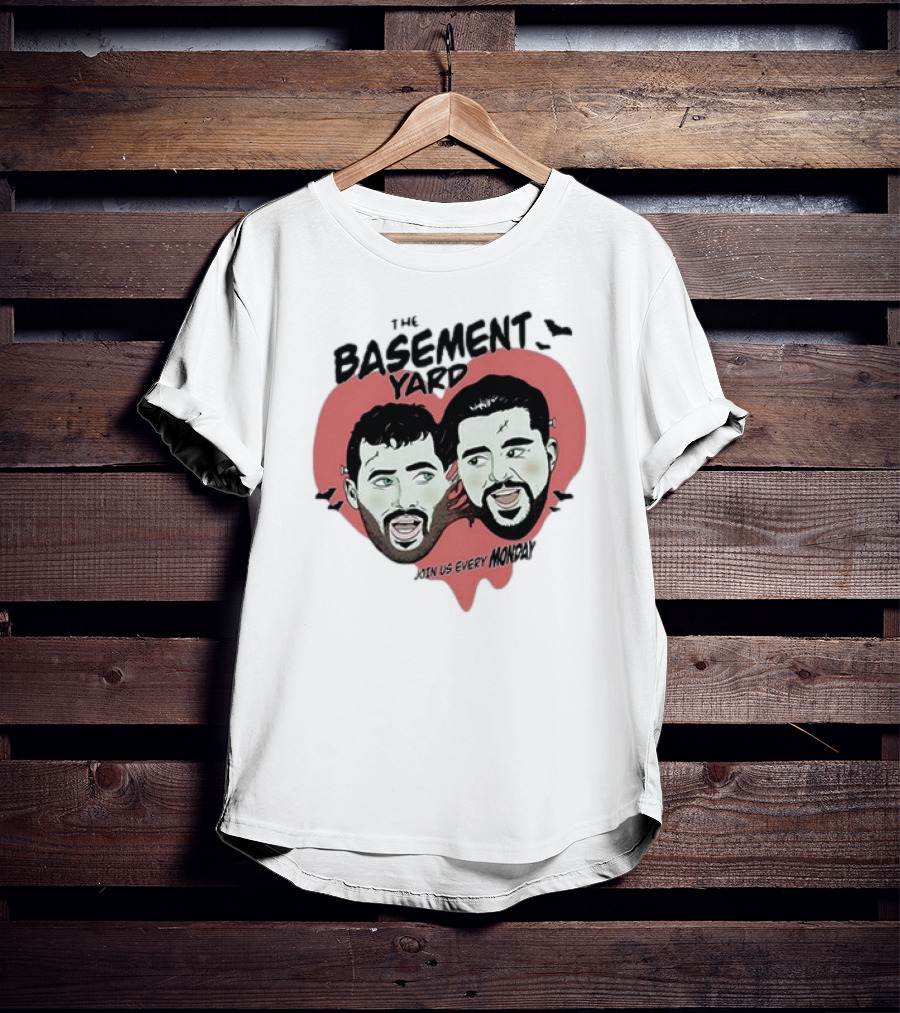 The Basement Yard Join Us Every Monday Spooky Season With Two Characters And Bats T-Shirt