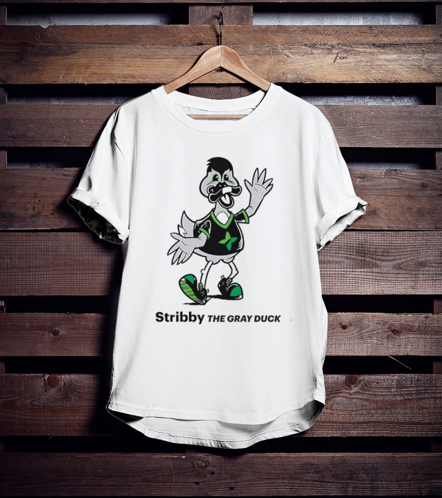 Stribby The Gray Duck Cartoon Mascot With Green And Black T-Shirt