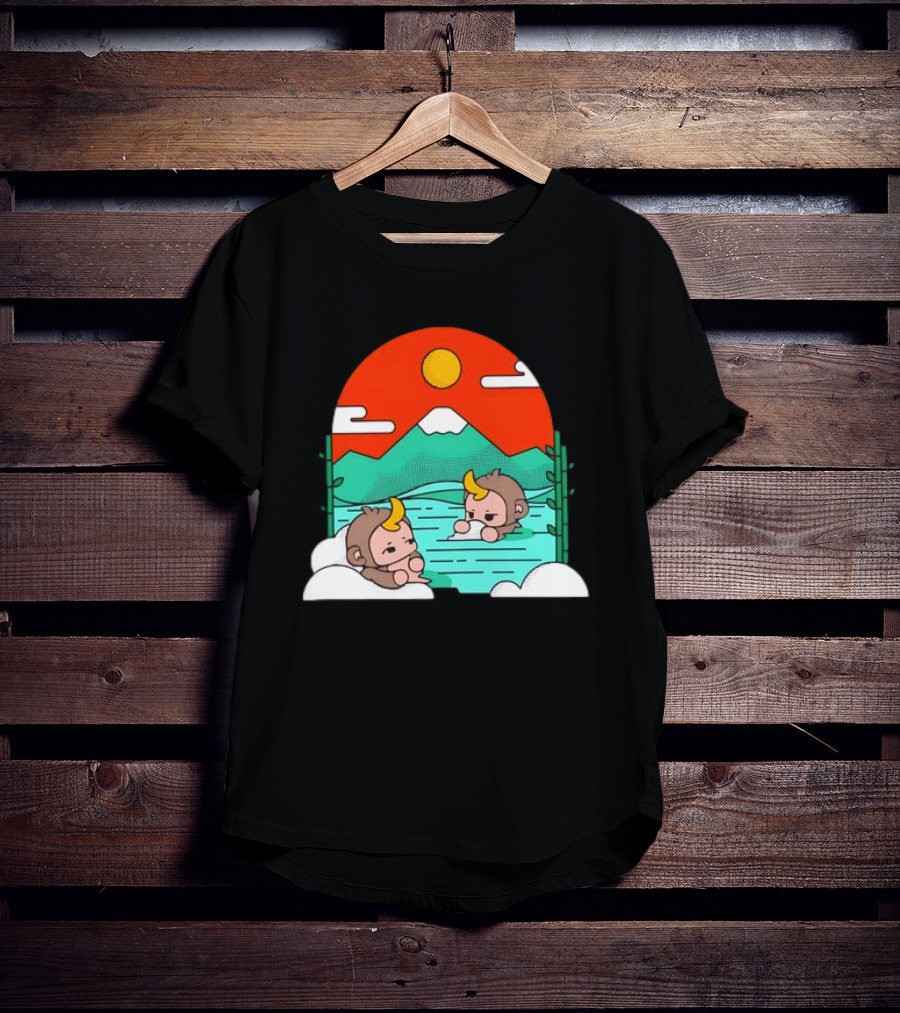 Connor Colquhoun The Tranquil Cute Monkeys In Vibrant Mountain Hot Spring Scenery With Sun And Clouds T-Shirt