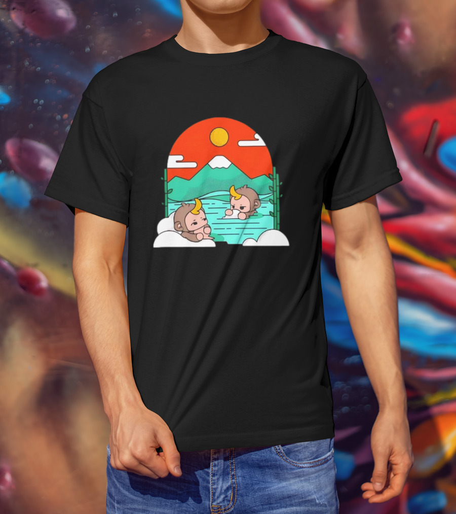 Connor Colquhoun The Tranquil Cute Monkeys In Vibrant Mountain Hot Spring Scenery With Sun And Clouds T-Shirt