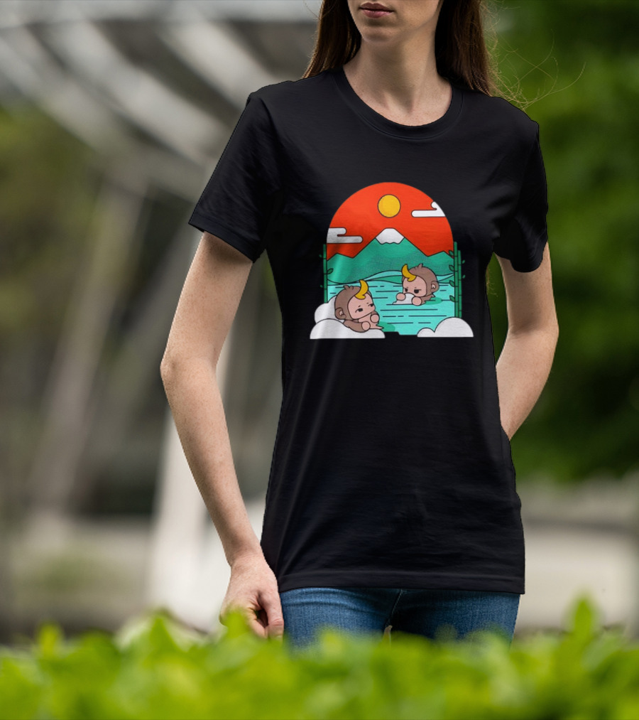 Connor Colquhoun The Tranquil Cute Monkeys In Vibrant Mountain Hot Spring Scenery With Sun And Clouds T-Shirt