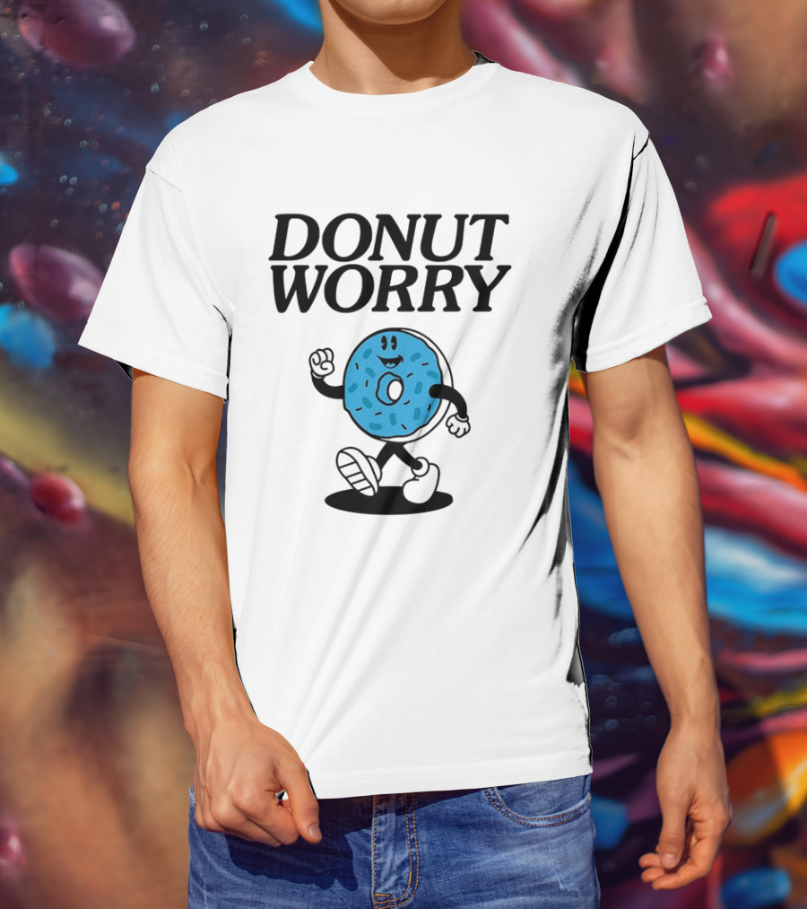DONUT WORRY Smiley Face Walking Doughnut Character T-Shirt