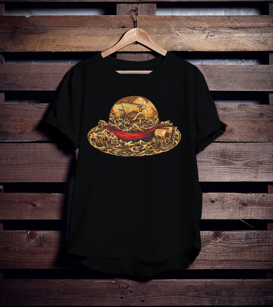 One Piece Luffy Straw Hat With Going Merry And Thousand Sunny Pirate Ships T-Shirt