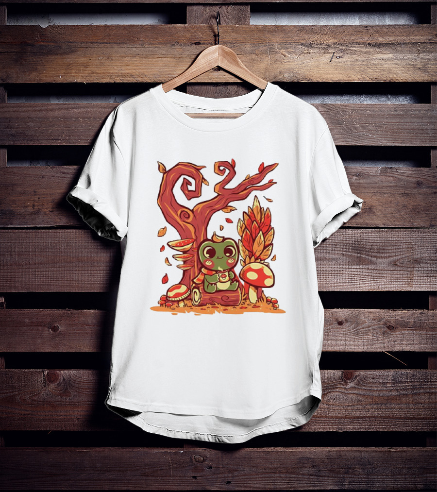 Cozy Autumn Days Cute Frog Enjoying Fall Leaves T-Shirt