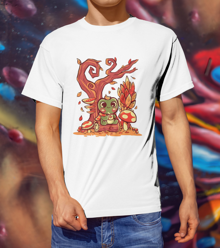 Cozy Autumn Days Cute Frog Enjoying Fall Leaves T-Shirt