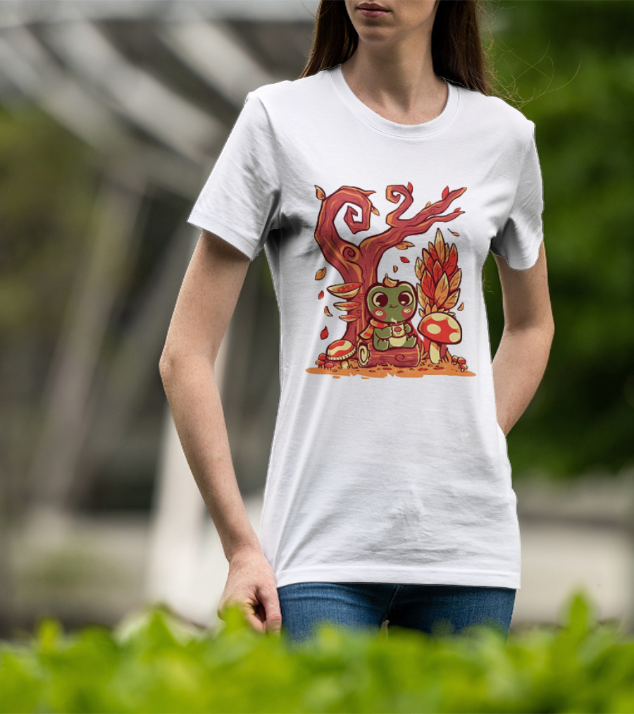 Cozy Autumn Days Cute Frog Enjoying Fall Leaves T-Shirt