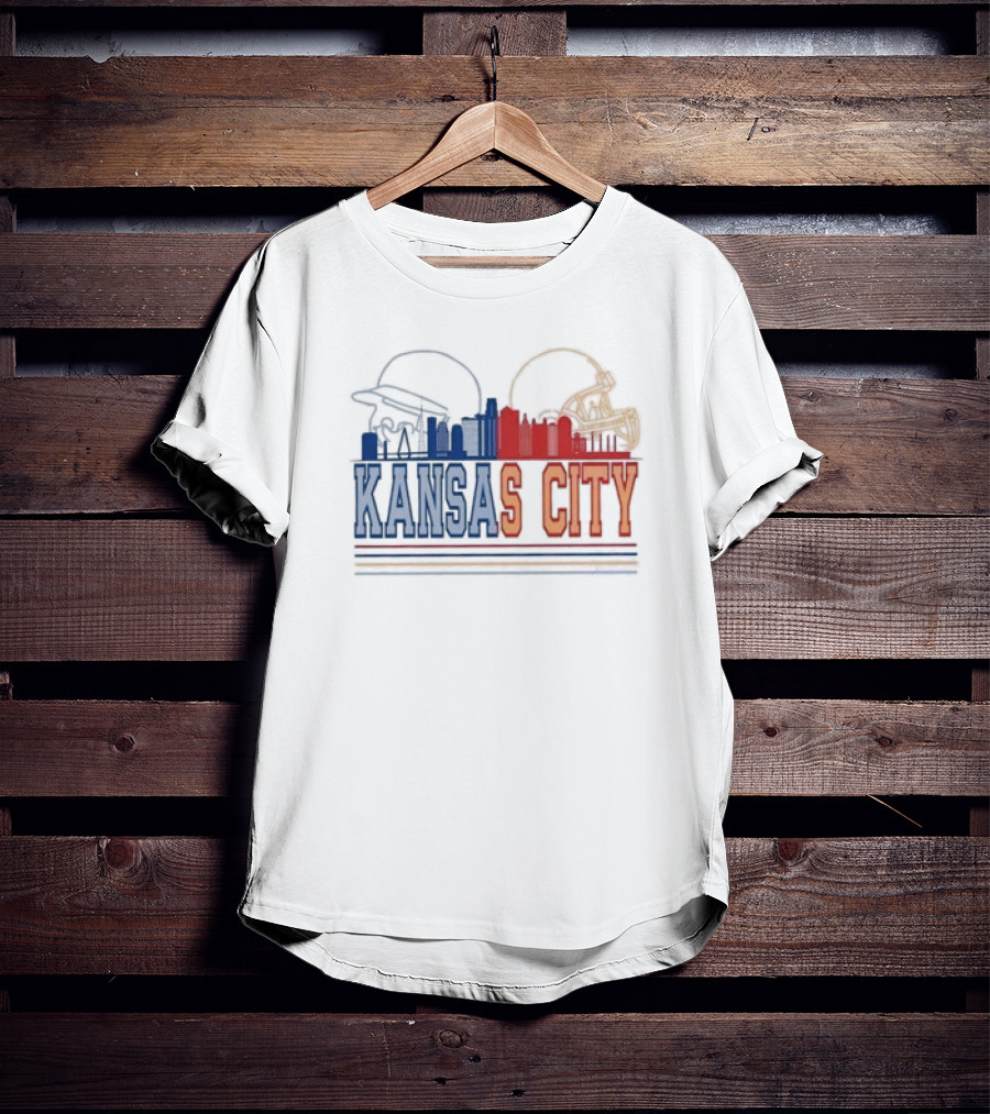 Kansas City Skyline Featuring Kansas City Chiefs Royals Helmets T-Shirt