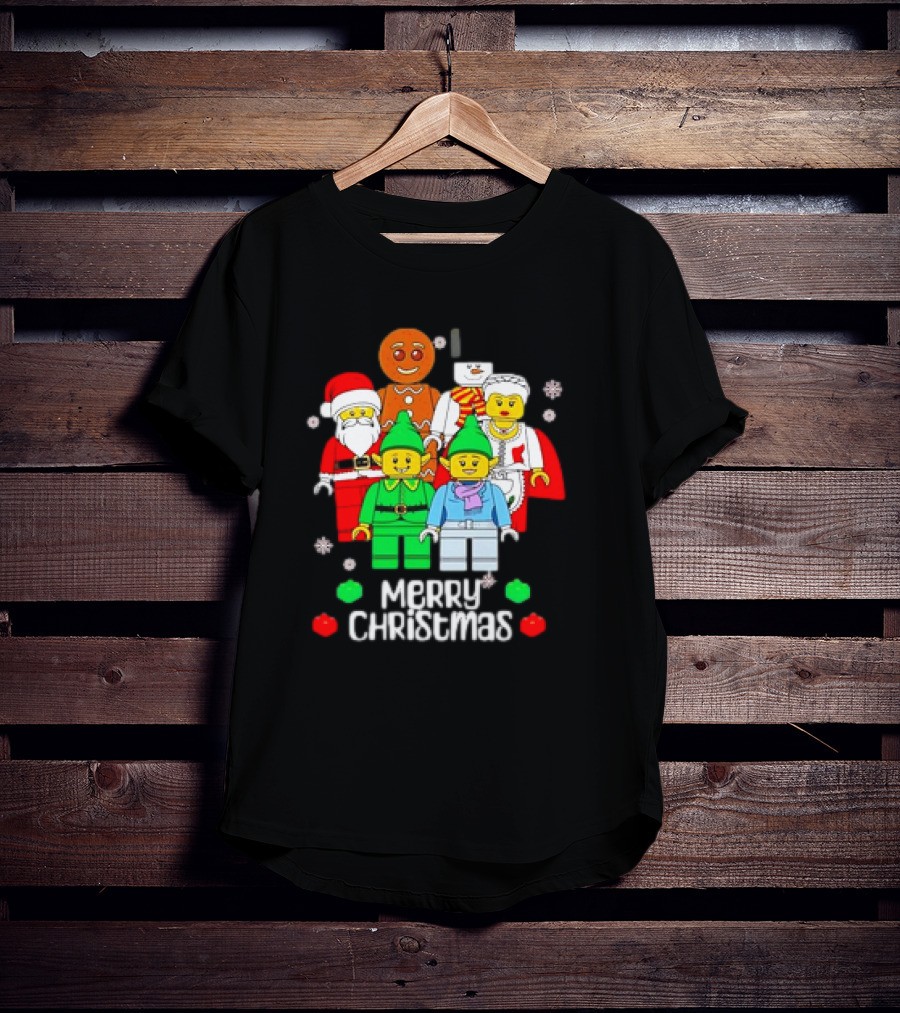 Merry Christmas Santa Elf Snowman Gingerbread Building Bricks Figures T-Shirt