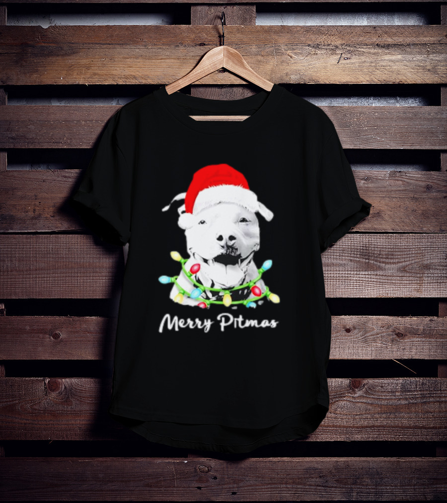 Merry Pitmas Pit Bull Santa With Christmas Tree Lights T-Shirt