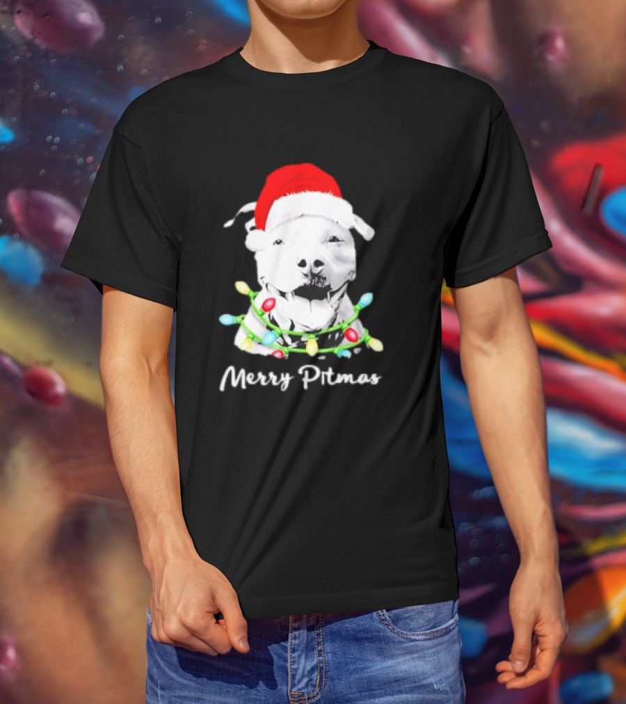 Merry Pitmas Pit Bull Santa With Christmas Tree Lights T-Shirt