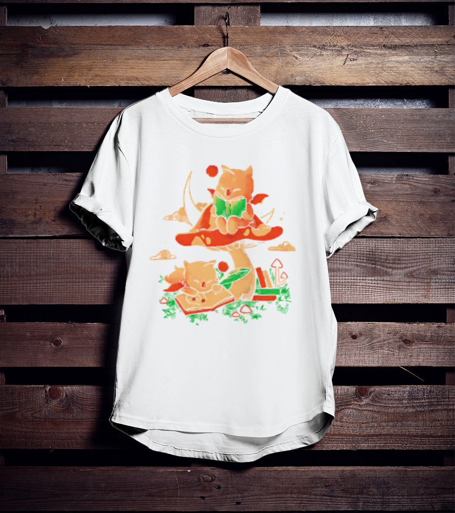 Cat Kupo Moogles Reading On Mushroom With Books T-Shirt