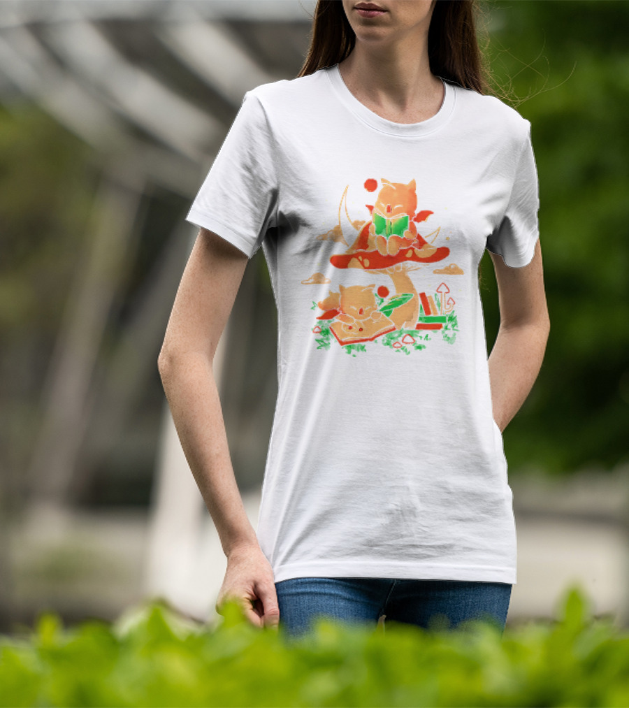 Cat Kupo Moogles Reading On Mushroom With Books T-Shirt