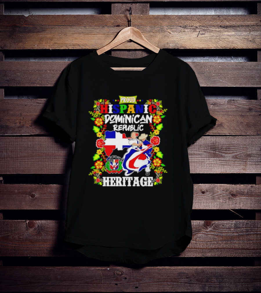 Proud Hispanic Dominican Republic Heritage Flowers And Flag T-Shirt