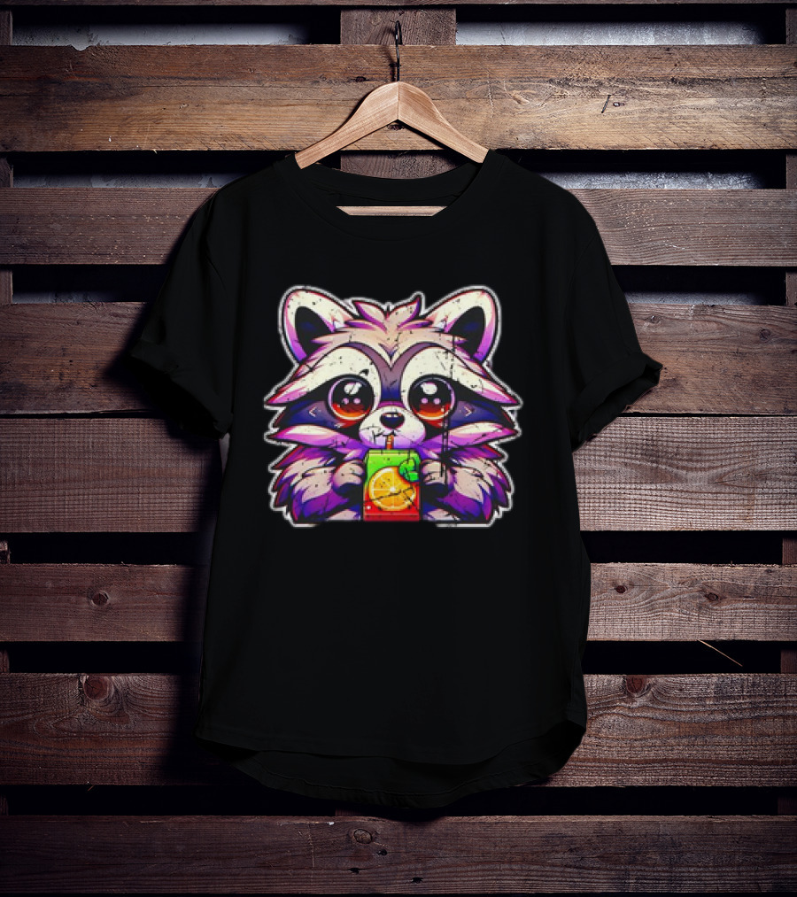Raccoon Sipping A Juice Box Vintage Retro Style Cute Drinking Cartoon T-Shirt