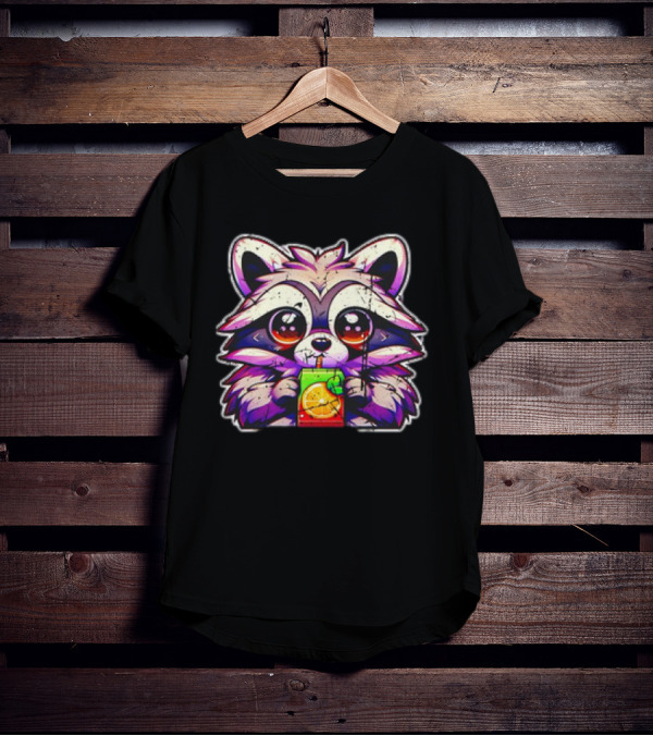 Raccoon Sipping A Juice Box Vintage Retro Style Cute Drinking Cartoon T-Shirt