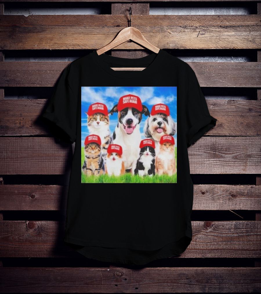 Six Cats And Dogs Wearing Red Make Pets Safe Again Hats On Green Grass T-Shirt