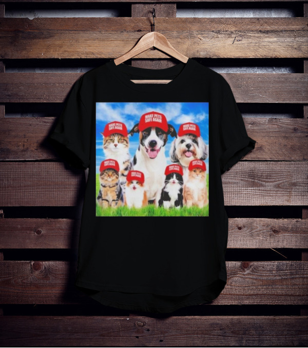 Six Cats And Dogs Wearing Red Make Pets Safe Again Hats On Green Grass T-Shirt