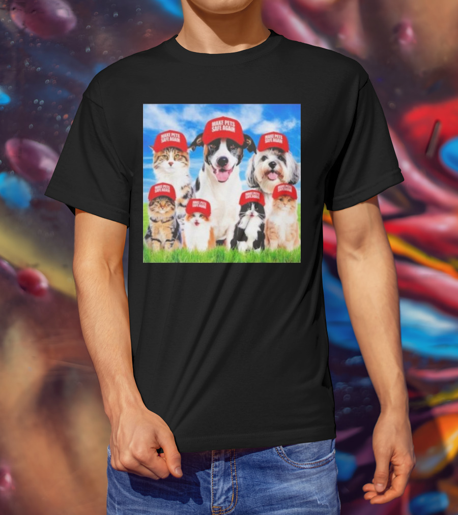 Six Cats And Dogs Wearing Red Make Pets Safe Again Hats On Green Grass T-Shirt