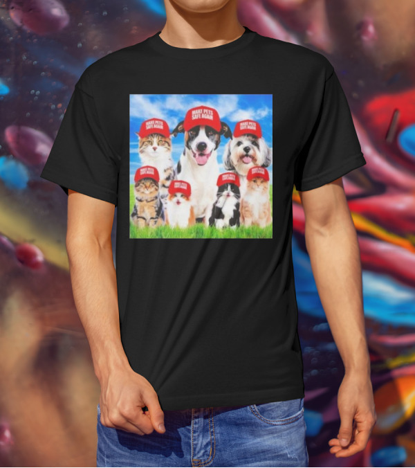 Six Cats And Dogs Wearing Red Make Pets Safe Again Hats On Green Grass T-Shirt
