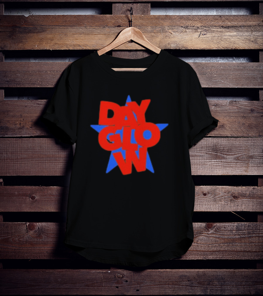 Day Glow Red Blue Star Stacked Black T-Shirt