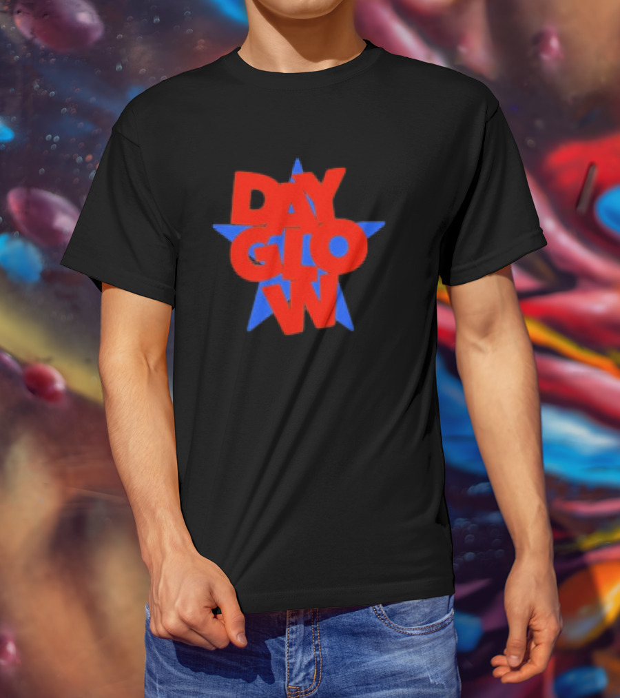Day Glow Red Blue Star Stacked Black T-Shirt