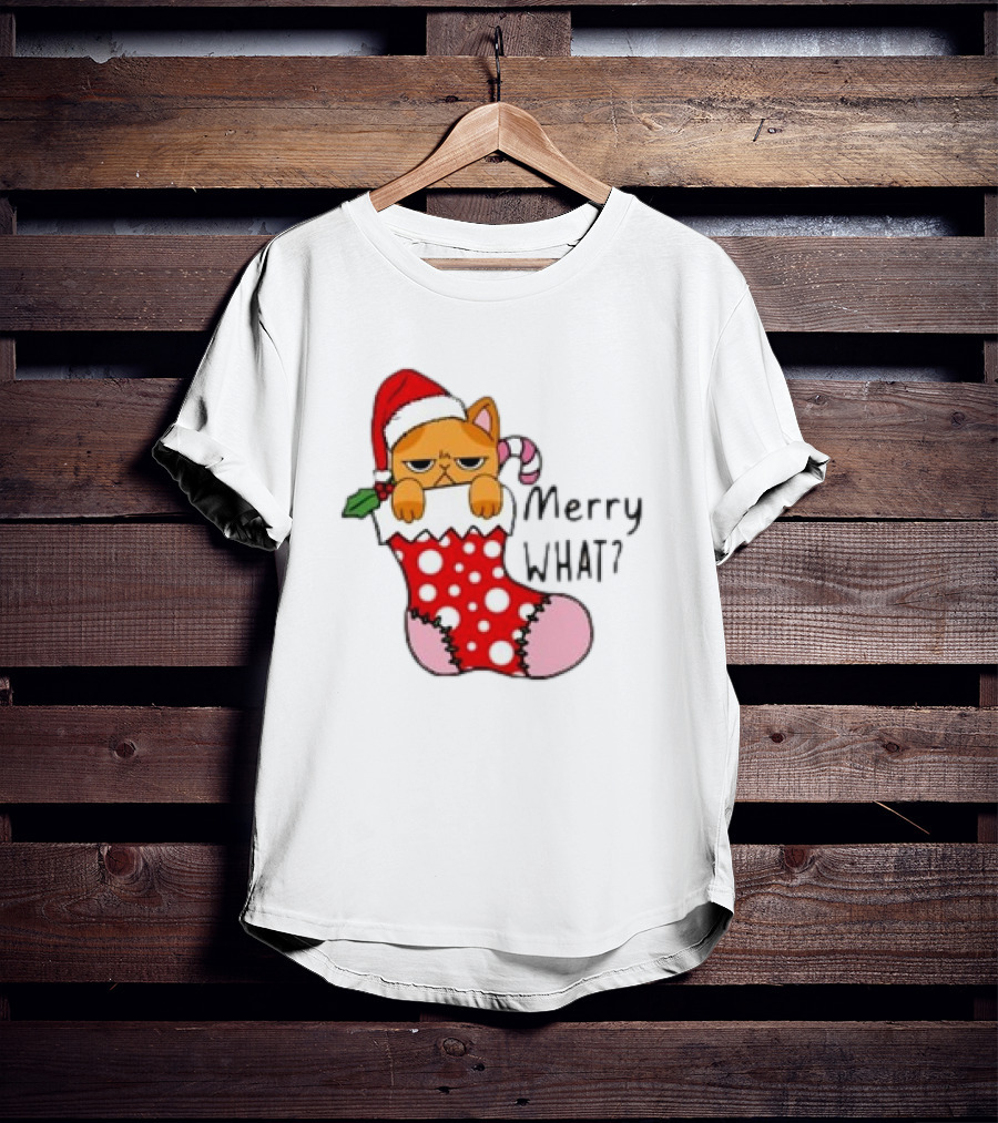 Merry What Cat In Santa Hat Christmas Stocking T-Shirt