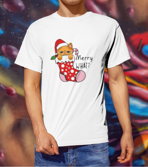 Merry What Cat In Santa Hat Christmas Stocking T-Shirt