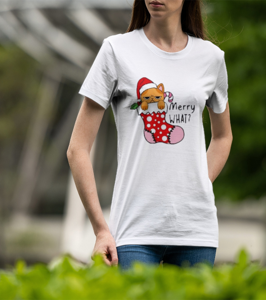 Merry What Cat In Santa Hat Christmas Stocking T-Shirt