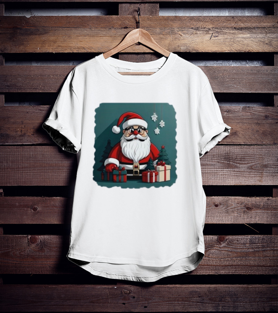 Santa Claus With Snowflakes And Presents Christmas Holiday Scene T-Shirt