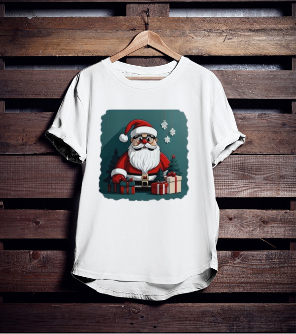 Santa Claus With Snowflakes And Presents Christmas Holiday Scene T-Shirt