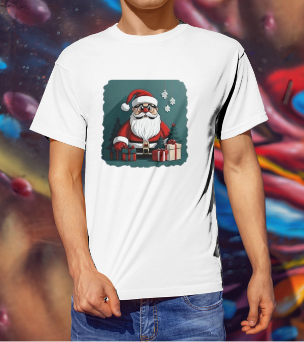 Santa Claus With Snowflakes And Presents Christmas Holiday Scene T-Shirt