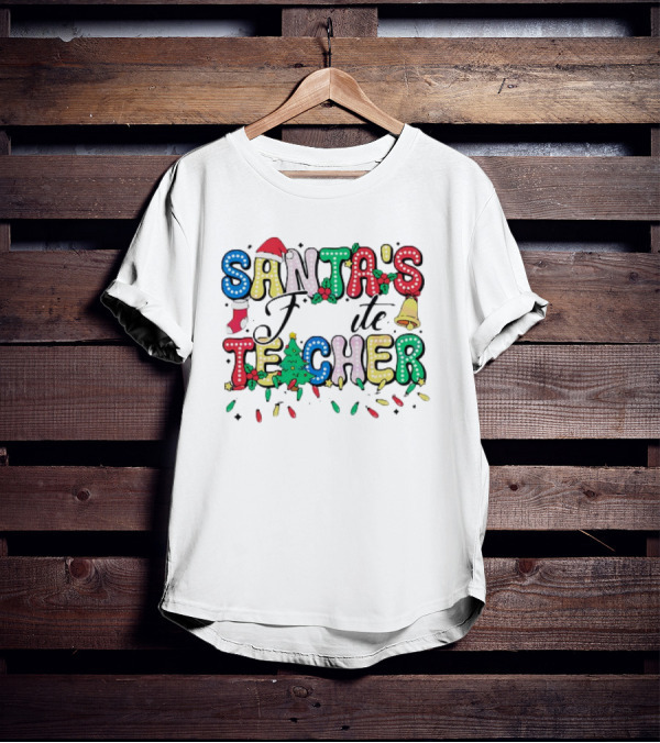 Santa's Favorite Teacher Christmas Light With Hat, Stocking, Bell, And Tree T-Shirt