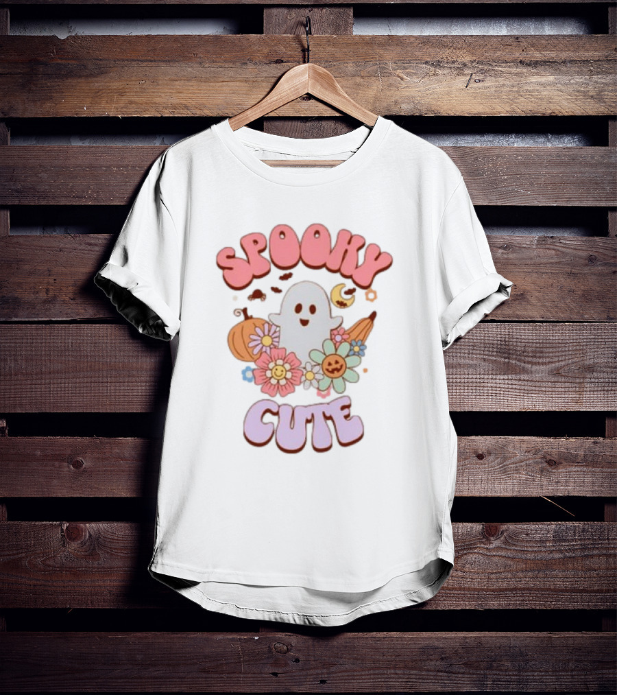 Spooky Cute Ghost With Pumpkins Flowers And Crescent Moon T-Shirt