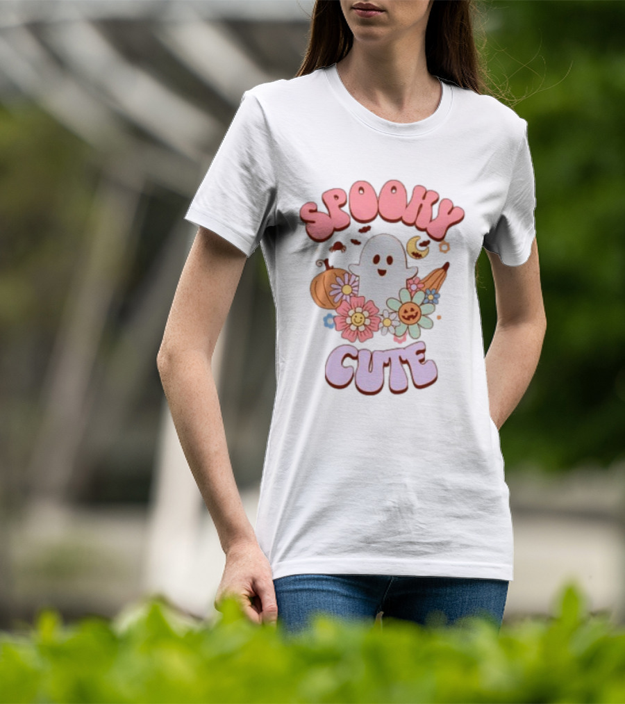 Spooky Cute Ghost With Pumpkins Flowers And Crescent Moon T-Shirt