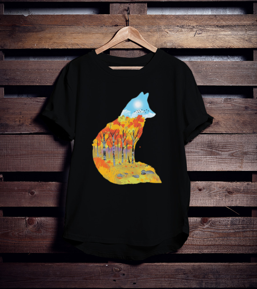 Fox Autumn Forest Landscape With Sun And Birds - I Am The Forest II T-Shirt
