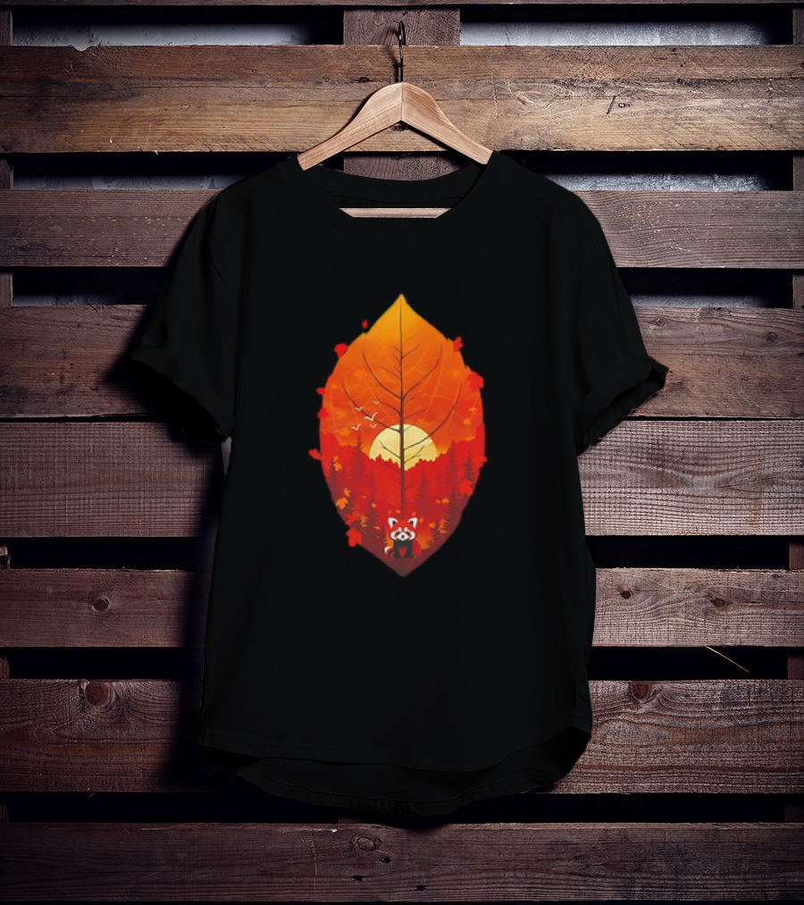 Panda Red Leaf Forest Sunset T-Shirt