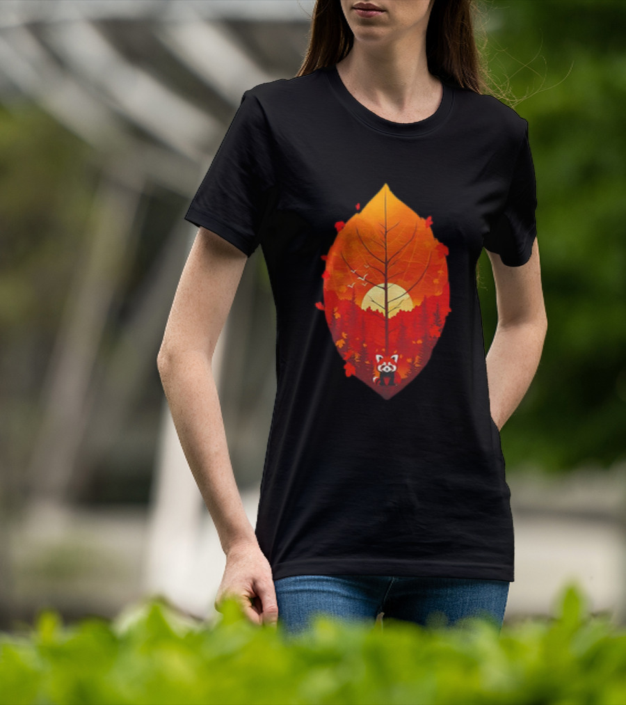 Panda Red Leaf Forest Sunset T-Shirt