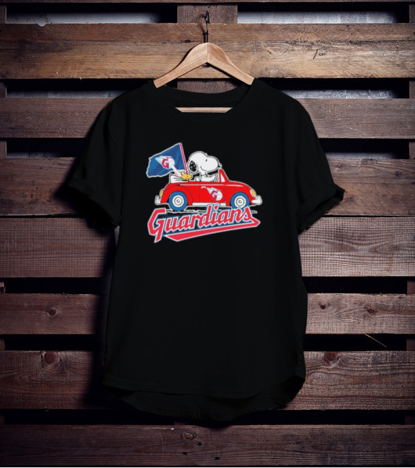 Peanuts Snoopy Woodstock Driving Car Cleveland Guardians Flag T-Shirt