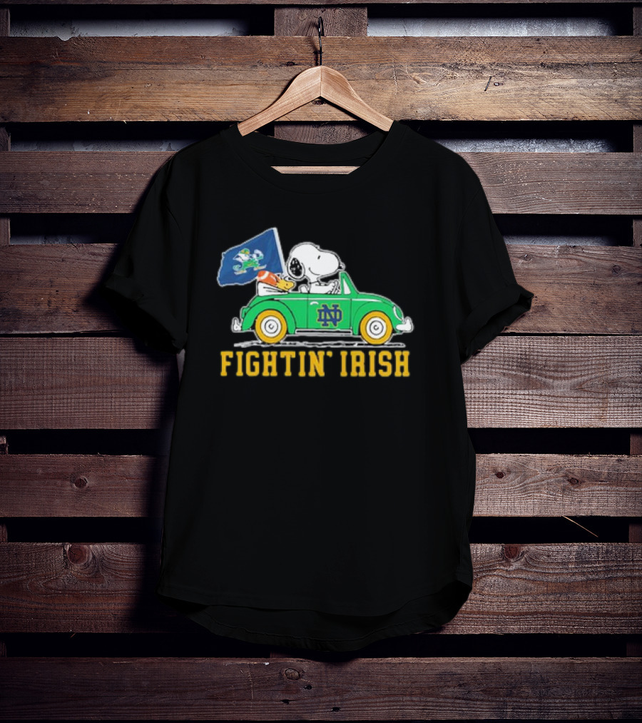 Peanuts Snoopy Woodstock Driving Notre Dame Fighting Irish Car T-Shirt