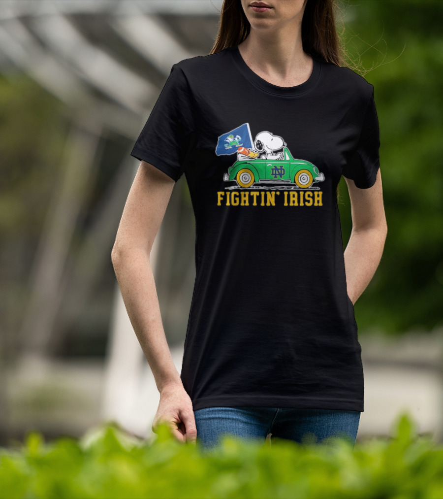 Peanuts Snoopy Woodstock Driving Notre Dame Fighting Irish Car T-Shirt