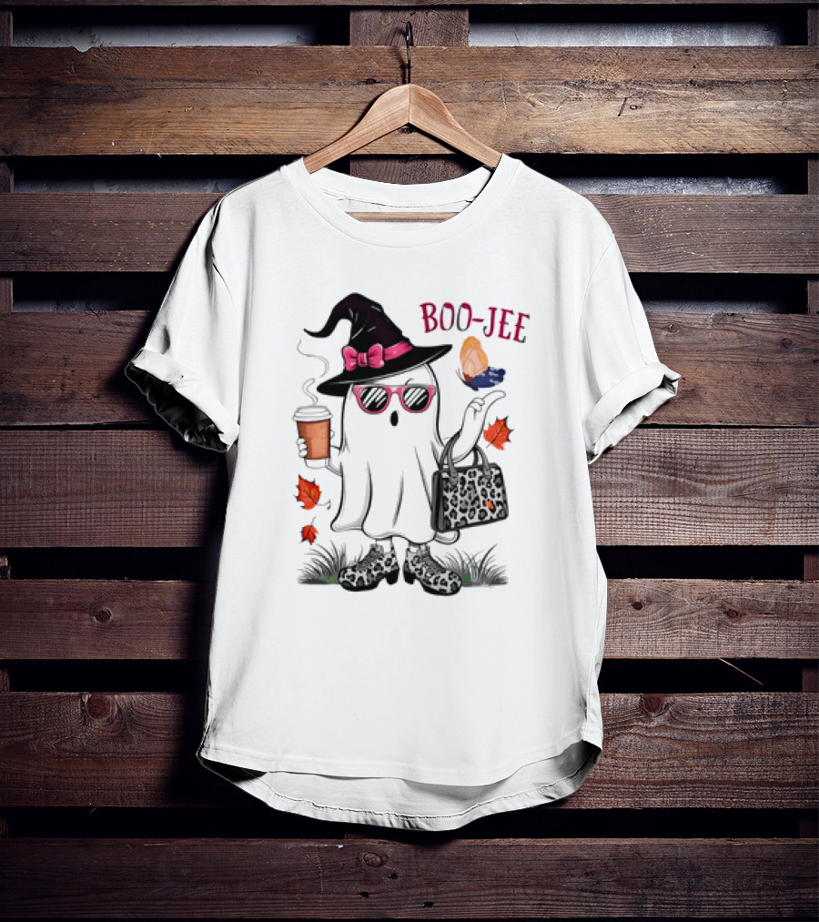 Boo Jee Leopard Ghost Fall Vibes With Hat And Coffee T-Shirt
