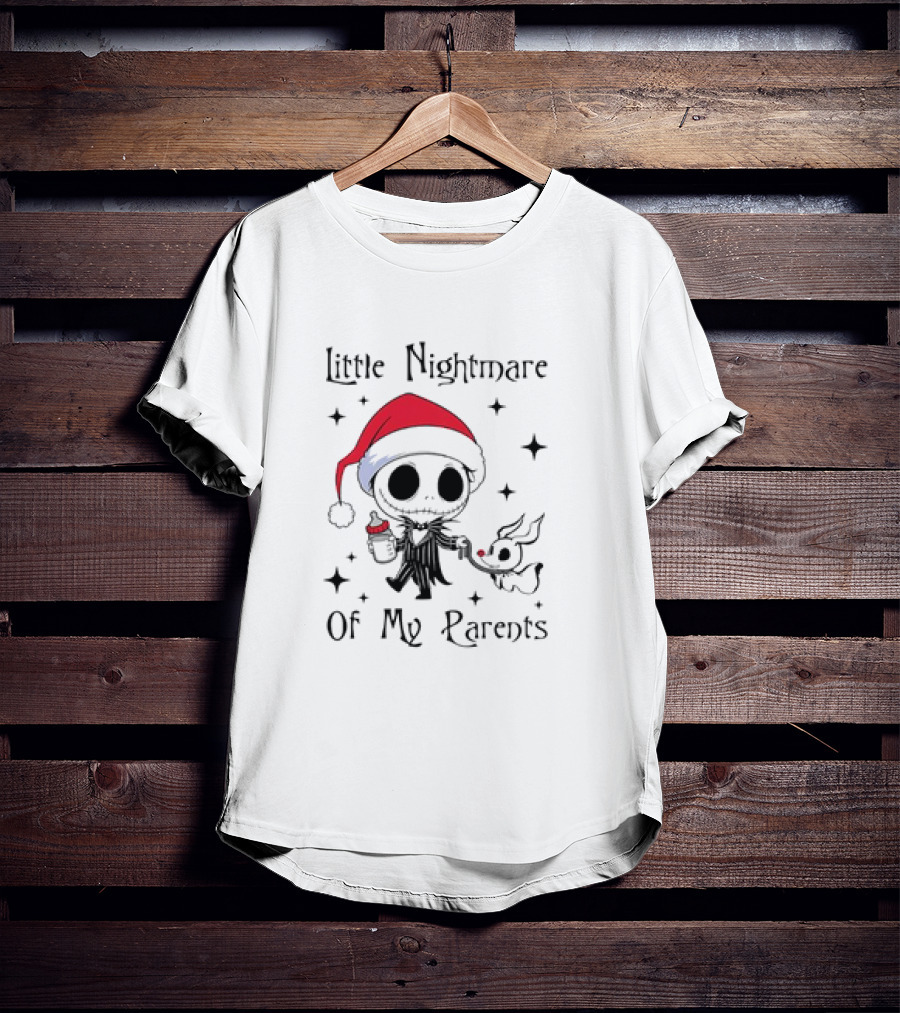 Little Nightmare Of My Parents Jack Skellington Santa Hat Holding Milk And Dog T-Shirt