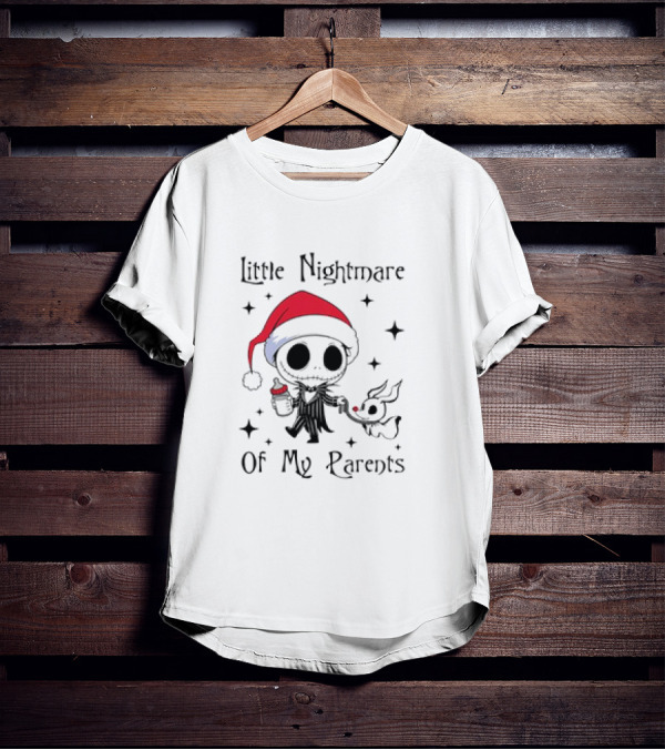 Little Nightmare Of My Parents Jack Skellington Santa Hat Holding Milk And Dog T-Shirt