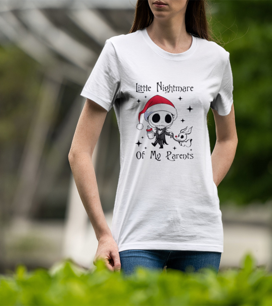Little Nightmare Of My Parents Jack Skellington Santa Hat Holding Milk And Dog T-Shirt