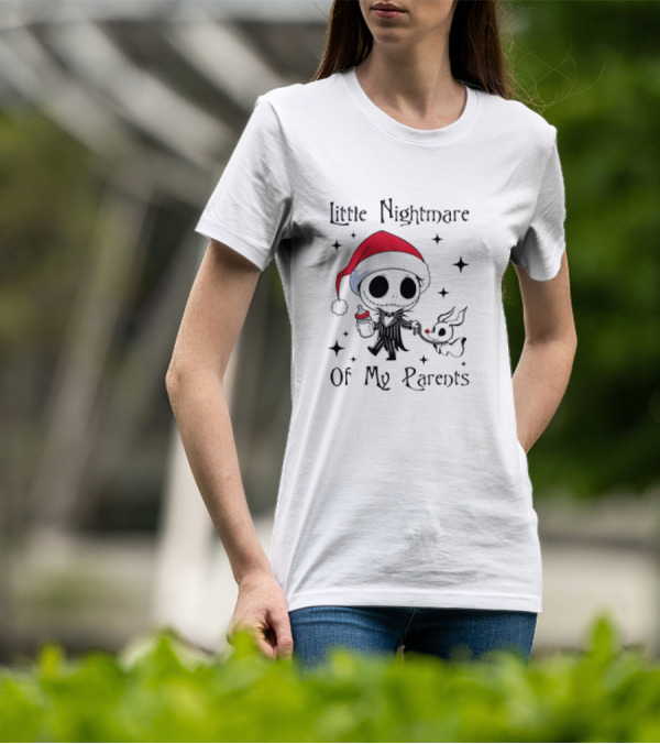 Little Nightmare Of My Parents Jack Skellington Santa Hat Holding Milk And Dog T-Shirt