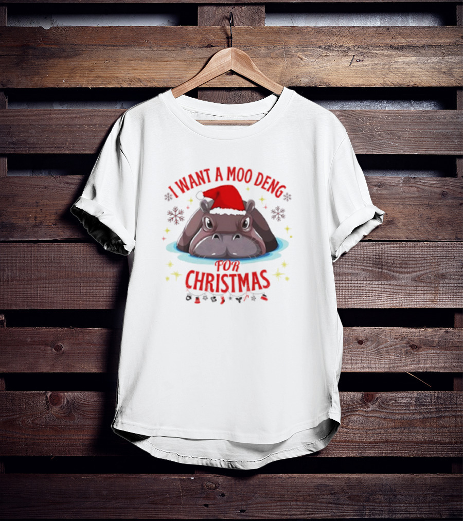 I Want A Moo Deng For Christmas Hippo Santa Hat Cute T-Shirt