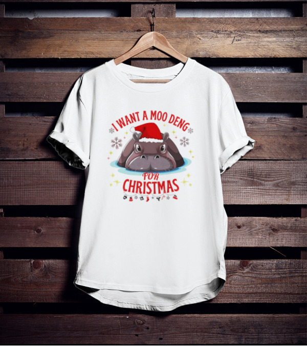 I Want A Moo Deng For Christmas Hippo Santa Hat Cute T-Shirt