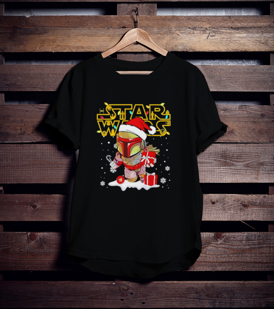 Disneyland Star Wars Boba Fett Christmas Santa Hat And Gifts Snowflakes T-Shirt