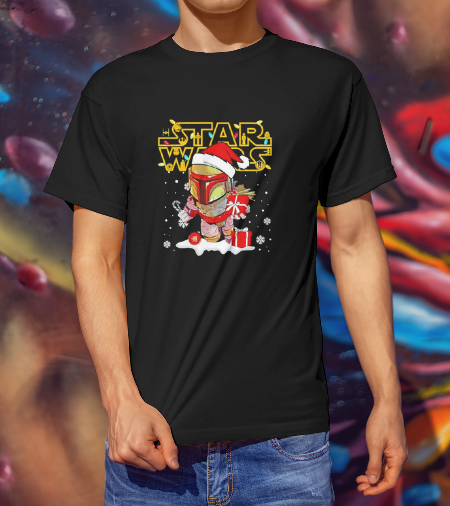 Disneyland Star Wars Boba Fett Christmas Santa Hat And Gifts Snowflakes T-Shirt